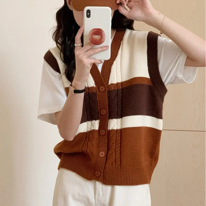 NiDELL Korean Style New Design Sense Fashion Preppy Style Age-Reducing Contrast Color Stripes Vest Sweater Bandage Dress Vest Coat Women