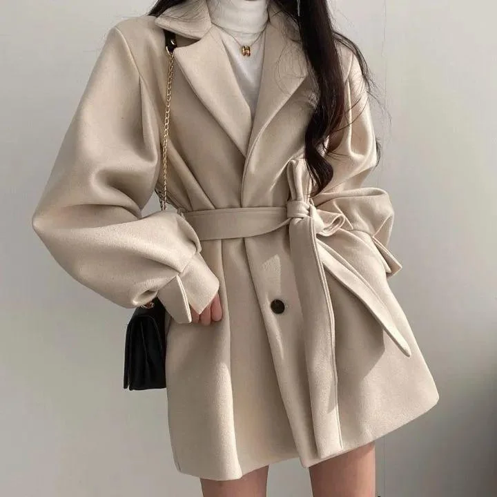 Short Lantern Sleeve Trench Coat Cozy Wool Trench Jacket