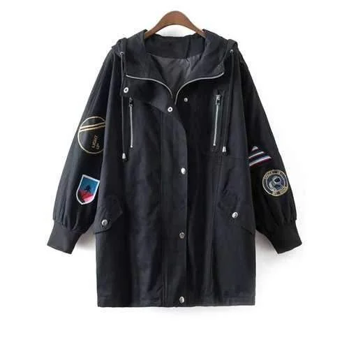 Hooded Patched Embroidered Trench Coat - Black One Size Trendy Wide-Cuff Trench Coat