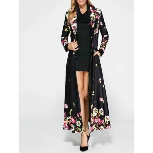 Floral Print Vintage Trench Coat Dress - Black L Cozy Winter Wool Trench