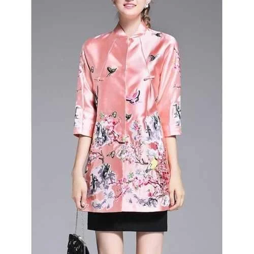 Chinese Style Embroidery Trench Coat - Pink M Warm Plaid Trench Jacket