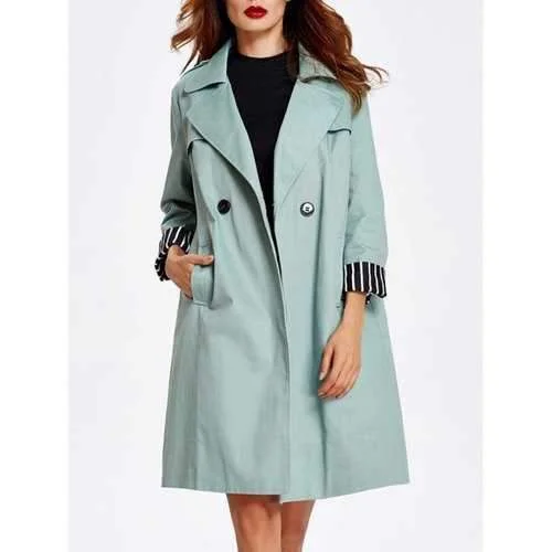 Striped Hem Button Up Trench Coat - Pea Green S Comfortable Belted Wool Trench