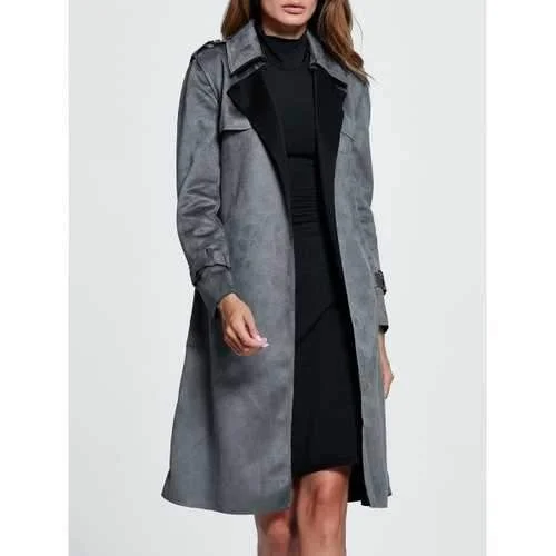Belted Sueded Draped Trench Coat - Gray Xl Elegant Trench Coat with Pockets