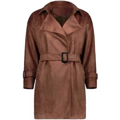 Sueded Trench Coat With Belt - Brown M Elegant Trench Coat for Fall