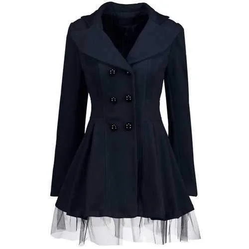 Mesh Panel Wool Blend Skirted Trench Coat - Purplish Blue L Fashionable Cropped Trench Coat