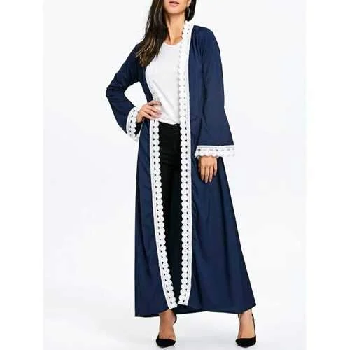 Maxi Arabic Trench Coat with Tie Belt - Purplish Blue Xl Chic Sleeveless Wool Trench