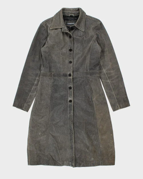 Vintage 90's Stonebridge Grey Leather Long Trench Coat - M Trendy Double-Breasted Trench