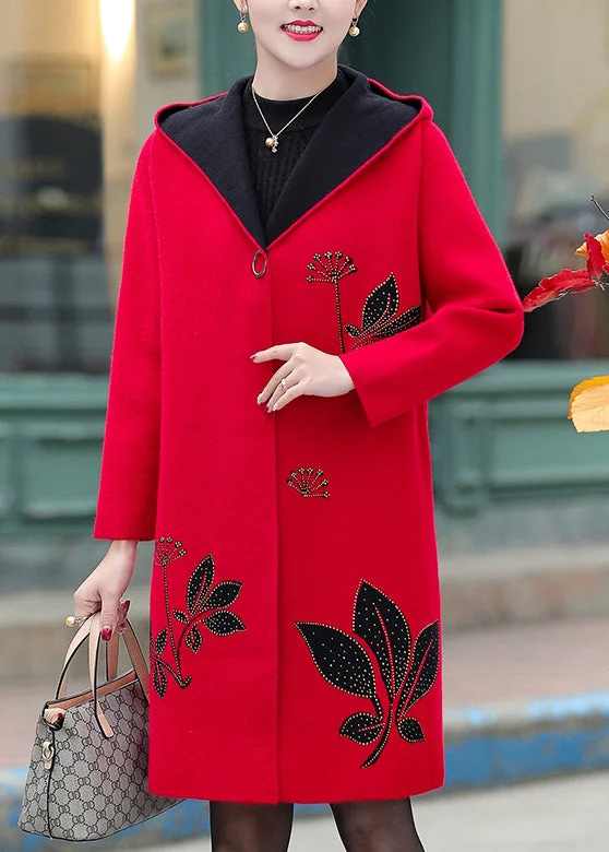 Boutique Red Jacquard Zircon Woolen Hooded Trench Spring Elegant Trench Coat with Belt Boutique Red Jacquard Zircon Woolen Hooded Trench Spring Elegant Trench Coat with Belt