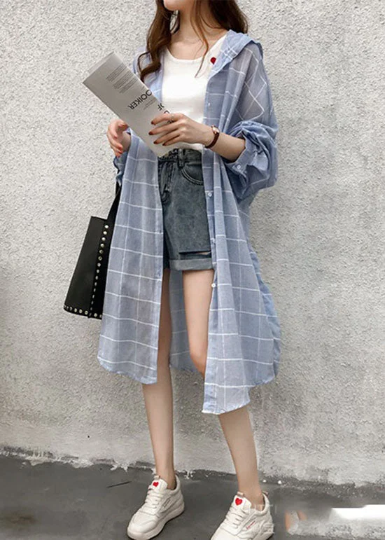 Classy Blue Hooded Plaid Cotton Trench Spring Warm Fleece Lined Trench