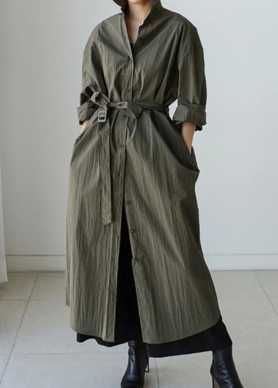 Style Army Green Peter Pan Collar Cotton Tie Waist Long Trench Coat Spring Chic Lightweight Trench Coat Style Army Green Peter Pan Collar Cotton Tie Waist Long Trench Coat Spring Chic Lightweight Trench Coat