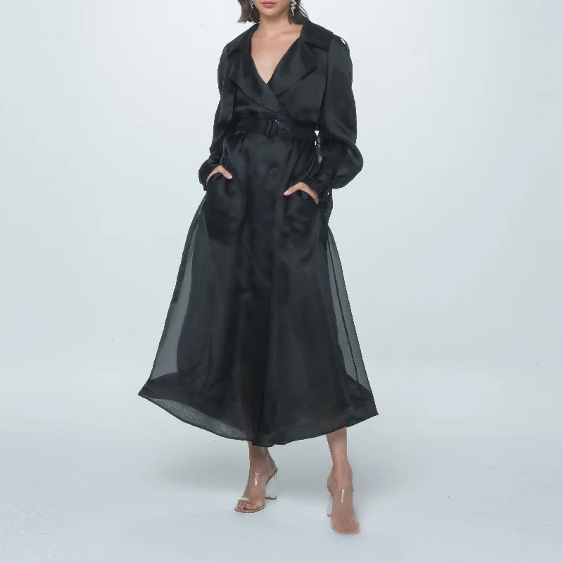 Black  Silk Organza Trench Coat Classic Belted Cotton Trench