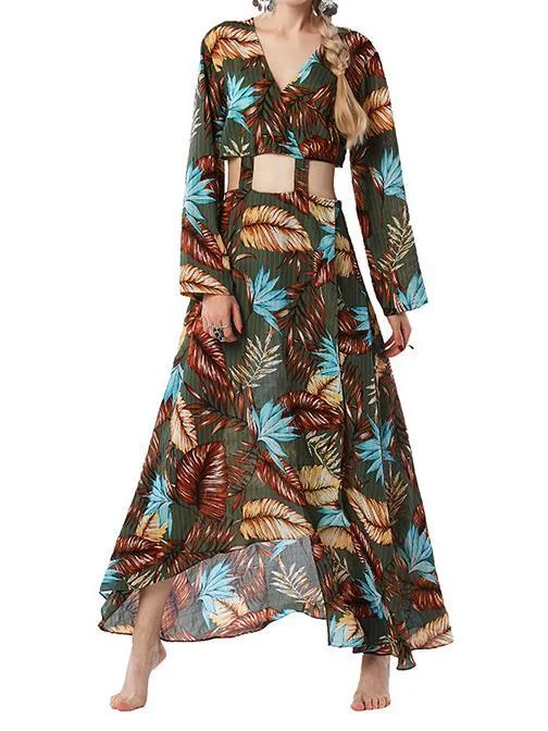 2018 Print Long Sleeve V Neck Bohemia Maxi Long Dress empire Waist empire