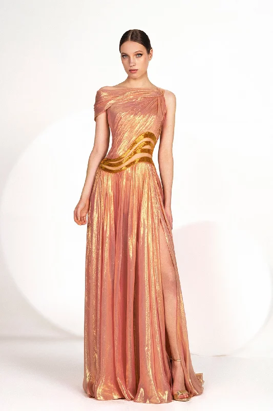 Beaded waistline pleated lurex gown Tunics Trendy modern