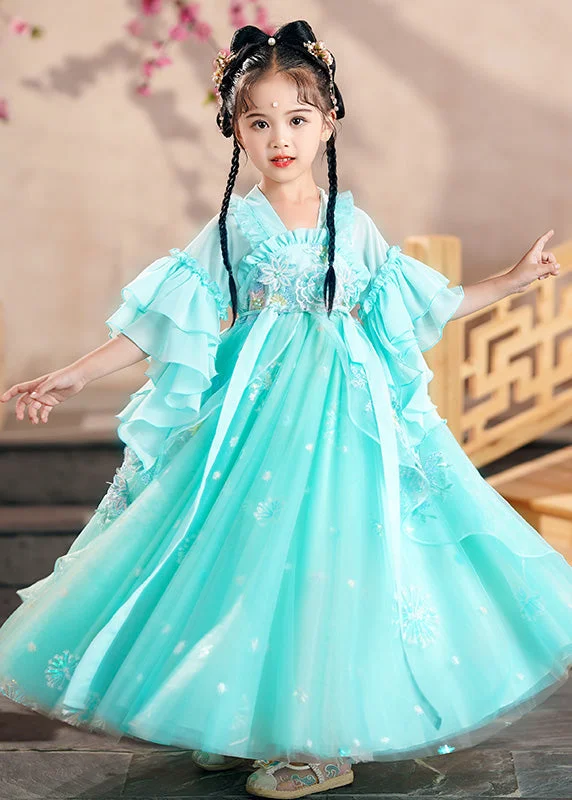 Beautiful Green Ruffled Patchwork Snow Embroideried Tulle Kids Long Dress Summer Tunics Stylish modern Beautiful Green Ruffled Patchwork Snow Embroideried Tulle Kids Long Dress Summer Tunics Stylish modern