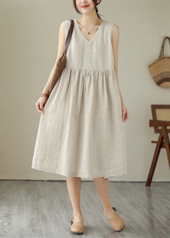 Beige O-Neck Solid Cotton Long Dress Sleeveless Tunics Occasion special