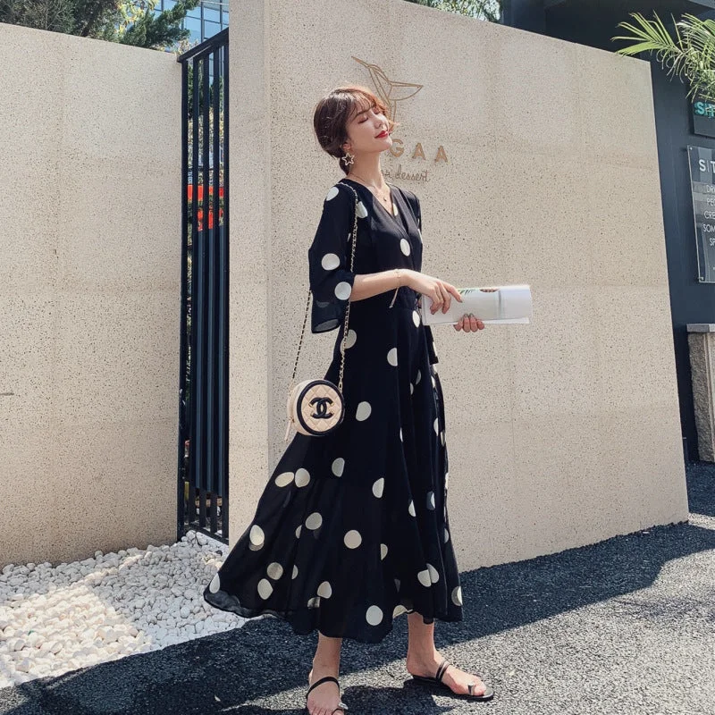 Black Dot Chiffon Summer Women Long Dress Tunics Distressed trendy
