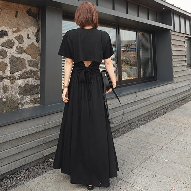 Black Summer Backless Fashion Long Dresses Tunic Top Casual
