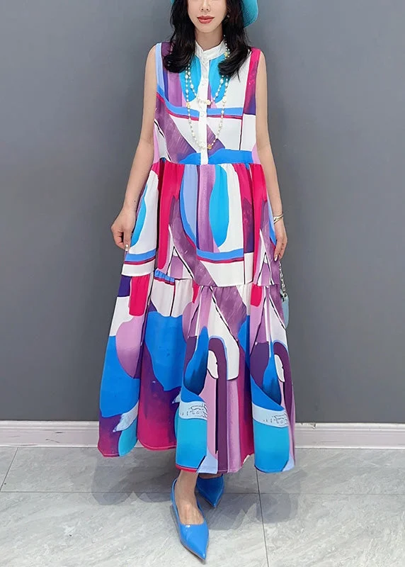 Blue Stand Collar Patchwork Long Dresses Summer Tunics Silk luxurious
