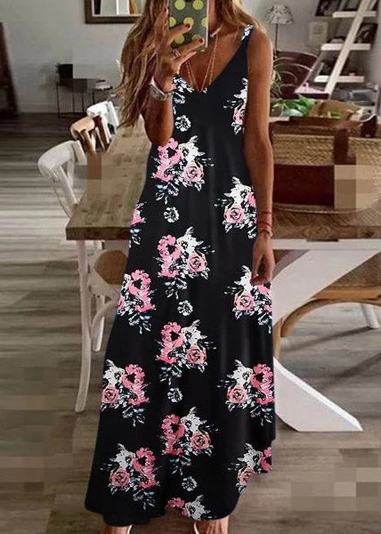 Bohemian Black V Neck Print Long Dress Summer Tunics Occasion special