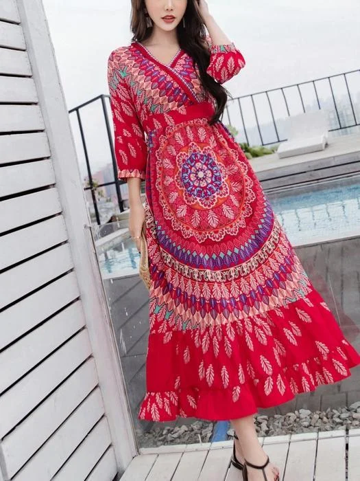 Bohemian National Style Red Dress Long Dress Tunics Trendy modern