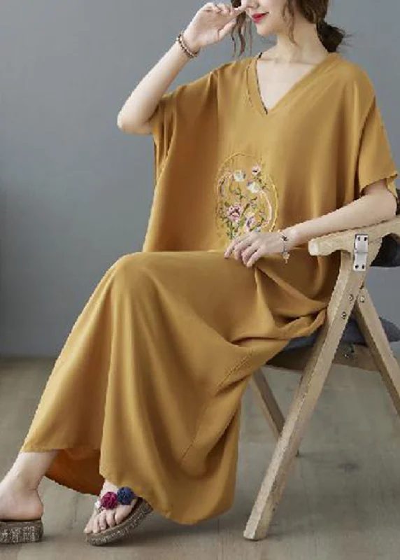 Bohemian Yellow V Neck Embroideried Cotton Long Dresses Summer Casual Short Summer