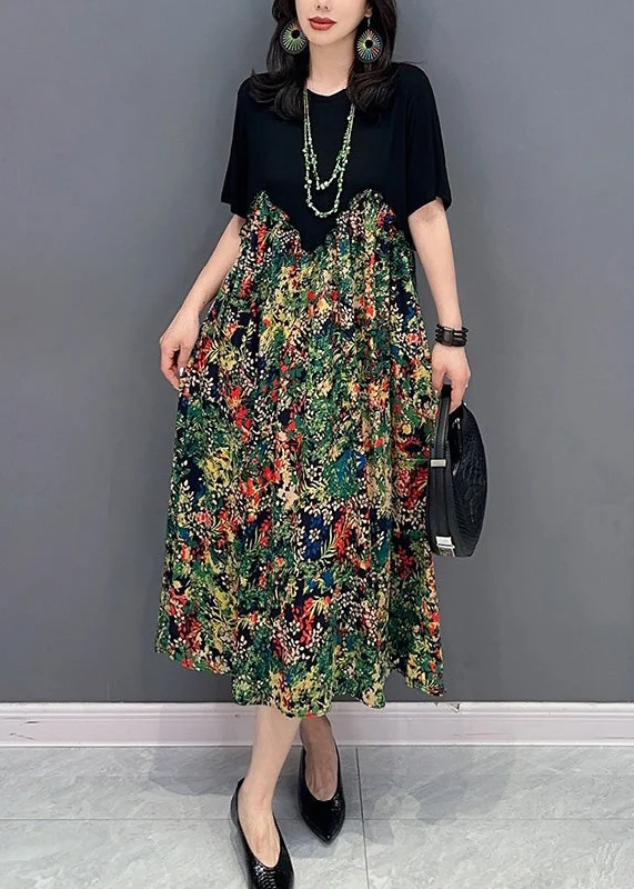 Boho Black O-Neck Patchwork Print Long Dress Short Sleeve Tunics Exclusive limited
