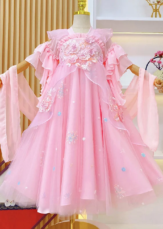 Boho Pink Embroideried Ruffled Tulle Kids Girls Long Dresses Summer Boat Neckline Classic Boho Pink Embroideried Ruffled Tulle Kids Girls Long Dresses Summer Boat Neckline Classic