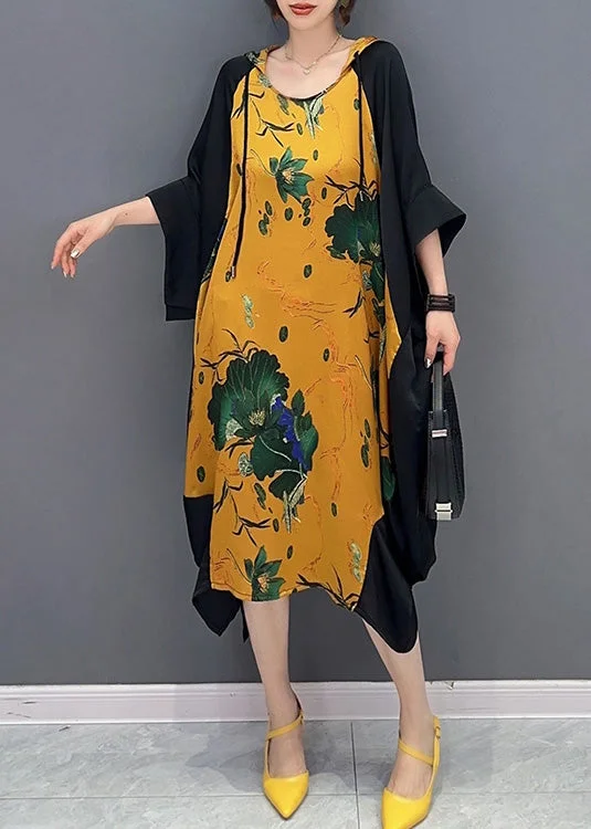 Boutique Yellow Neck Tie Print Party Hooded Long Dress Summer Pencil Office Professional Boutique Yellow Neck Tie Print Party Hooded Long Dress Summer Pencil Office Professional
