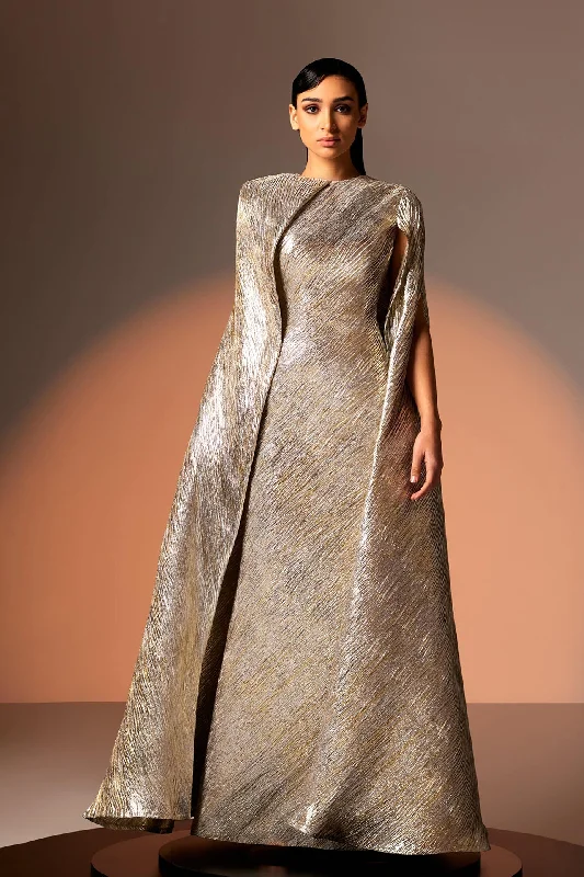 Cape sleeves metallic jacquard dress Elegant Long Evening
