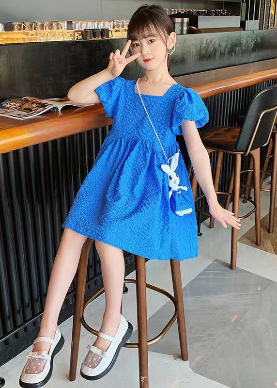 Casual Blue Puff Sleeve Bow Rabbit Cotton Kids Girls Long Dress Summer Tunics Canvas sturdy Casual Blue Puff Sleeve Bow Rabbit Cotton Kids Girls Long Dress Summer Tunics Canvas sturdy