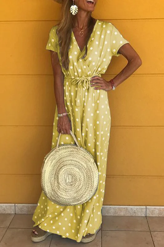 Casual Dot Split Joint V Neck Waist Skirt Dresses(4 colors) Tunics Brand named