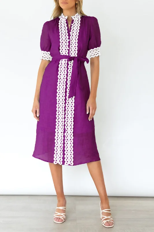 Casual Patchwork Appliques V Neck Waist Skirt Dresses(4 colors) Tunics Ceremony elegant Casual Patchwork Appliques V Neck Waist Skirt Dresses(4 colors) Tunics Ceremony elegant