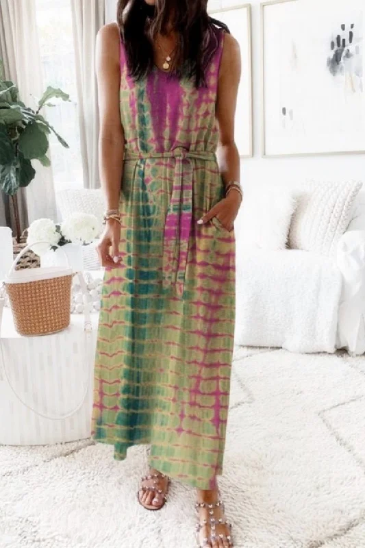 Casual Patchwork Tie-dye O Neck Waist Skirt Dresses(5 colors) Tunics Cozy soft