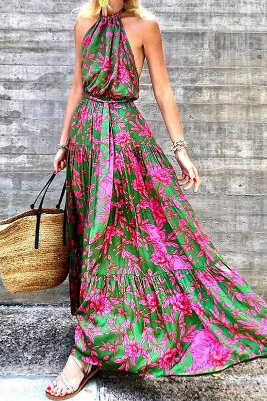 Casual Print Patchwork Halter Waist Skirt Dresses Crew Neckline Casual