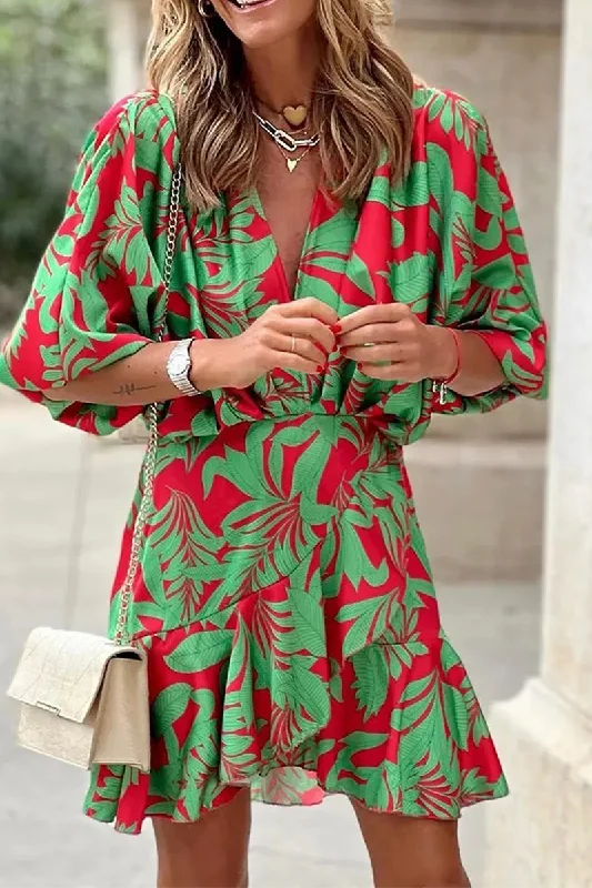 Casual Print Patchwork V Neck Waist Skirt Dresses(6 Colors) Elegant Long Evening