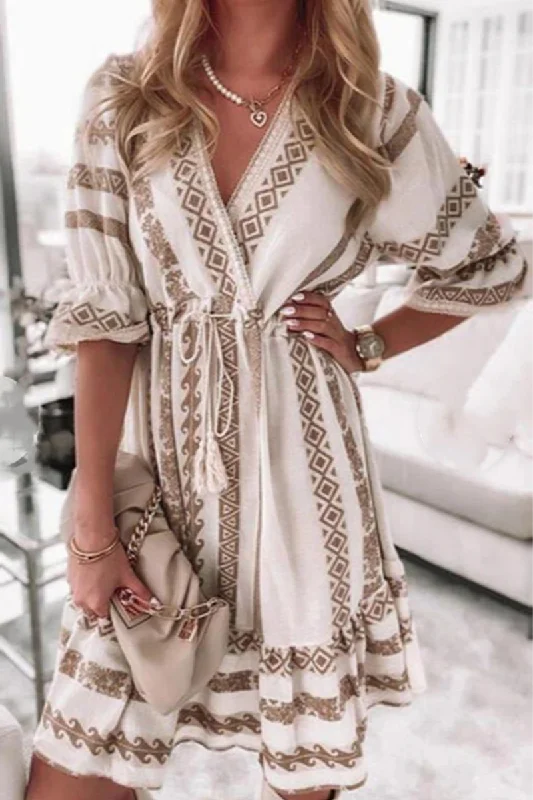 Casual Print Patchwork V Neck Waist Skirt Dresses Square Neckline Feminine