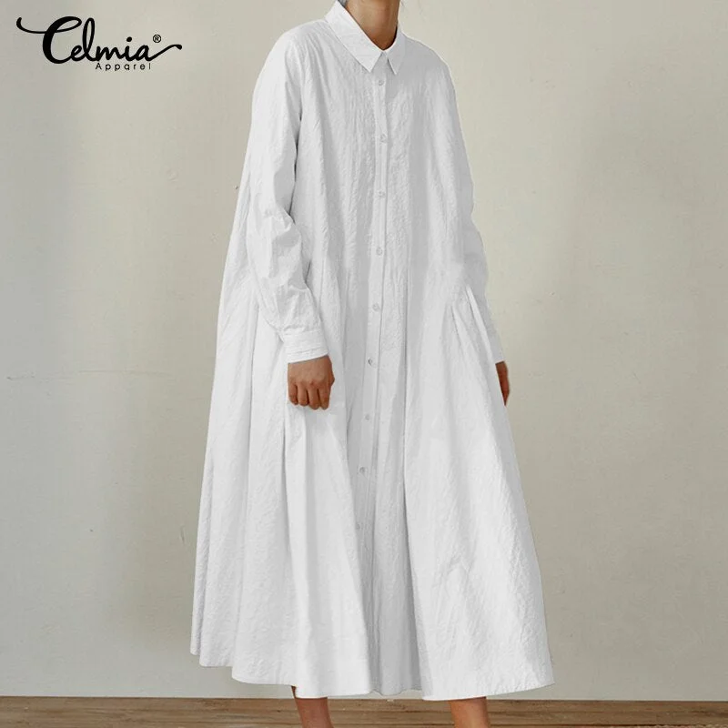 Celmia 2023 Autumn Maxi Long Dresses  Women Shirt Dress Vintage Pleated Long Sleeve Vestidos Casual Party Robe Femme Tunic Top Casual