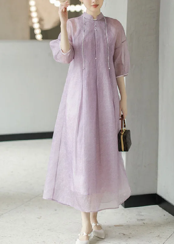 Chinese Style light Purple Nail Bead Patchwork Silk Long Dress Summer Bodycon Club Sequined