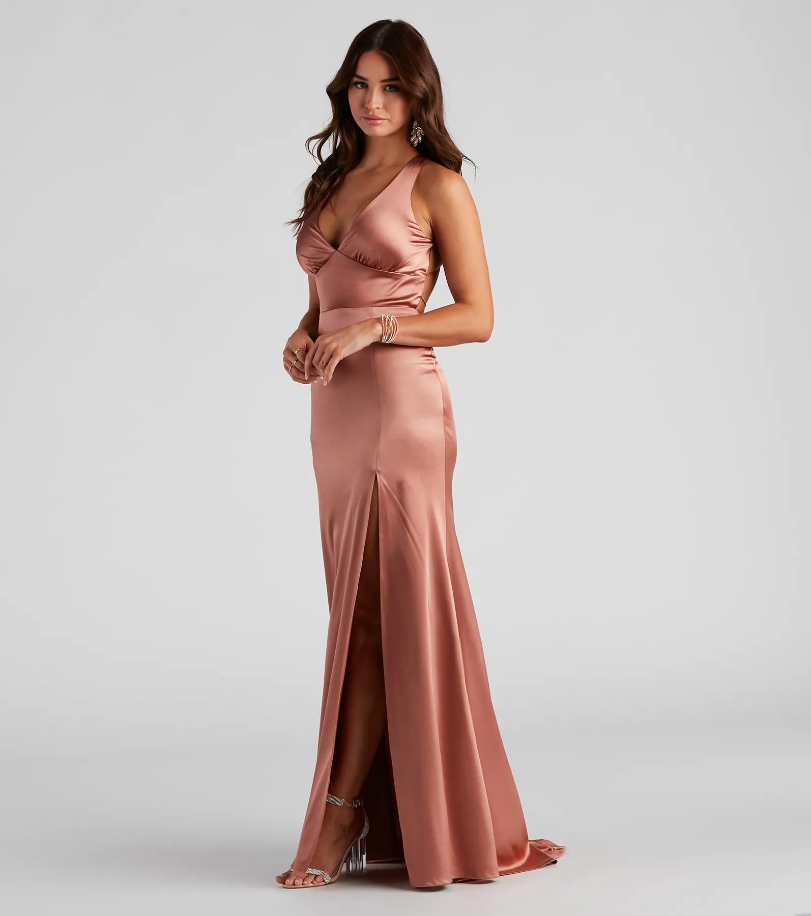 Cindy Formal Satin V-Neck Long Dress Pencil Office Professional