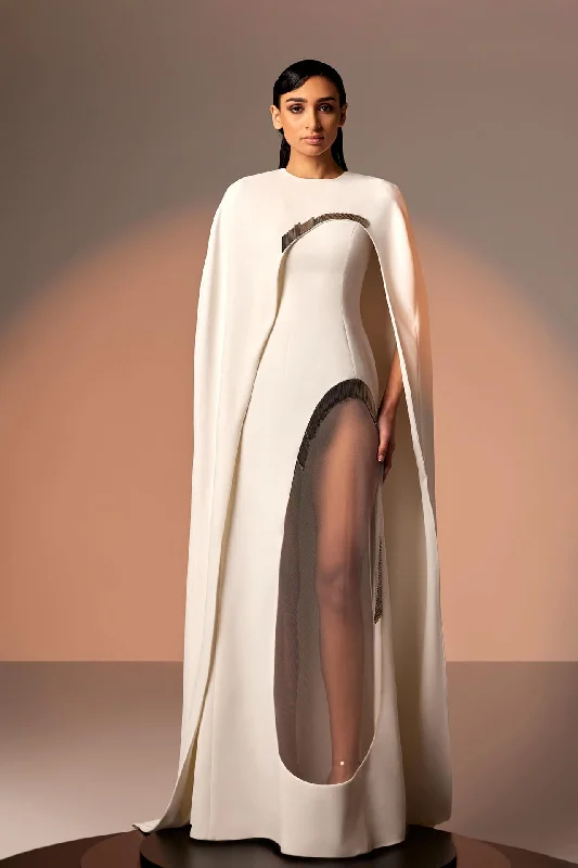 Crepe dress with sweep train cape Pencil Office Professional