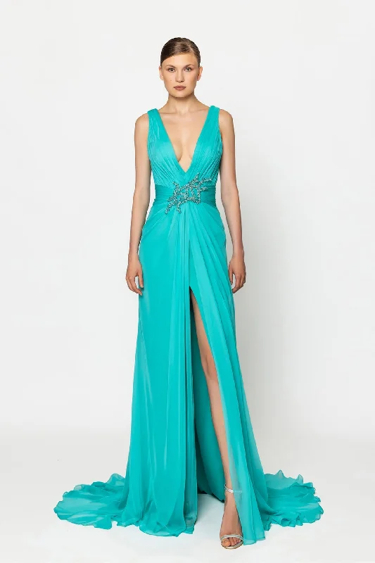 Crystalized waistline deep V chiffon dress Tunics Polka dots