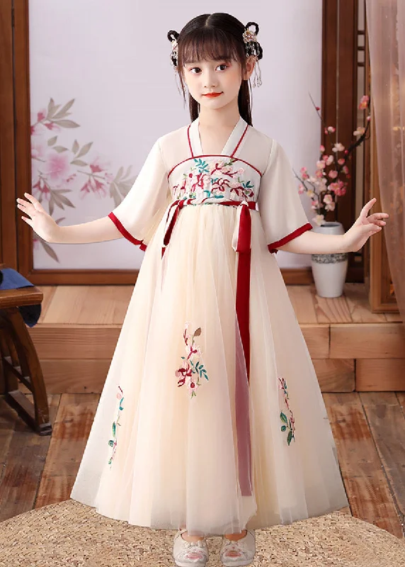 Cute Apricot Embroideried Patchwork Tulle Kids Long Dress Short Sleeve A-Line Day Work Cute Apricot Embroideried Patchwork Tulle Kids Long Dress Short Sleeve A-Line Day Work