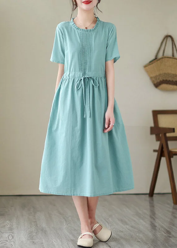 Cute Green O-Neck Patchwork Tie Waist Solid Linen Long Dresses Short Sleeve Tunics Floral girly Cute Green O-Neck Patchwork Tie Waist Solid Linen Long Dresses Short Sleeve Tunics Floral girly