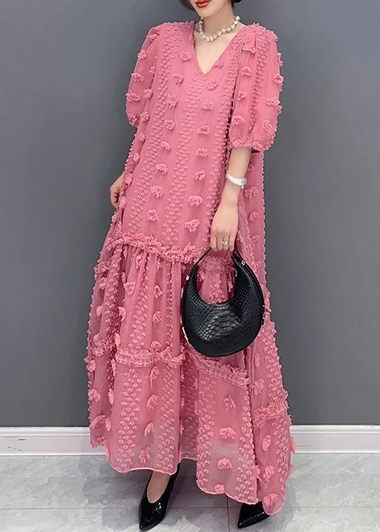 Cute Pink Ruffled Patchwork Tulle Long Dress Summer Halter Neckline Beach