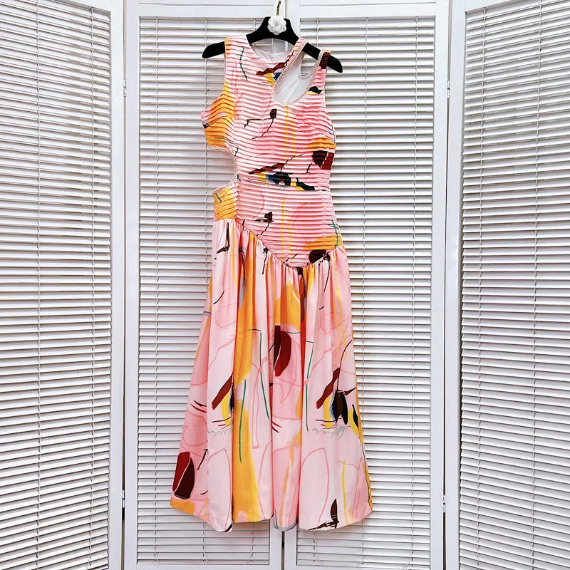 Diamond Pleated Waist Slim Dress Tunics Long Elegant