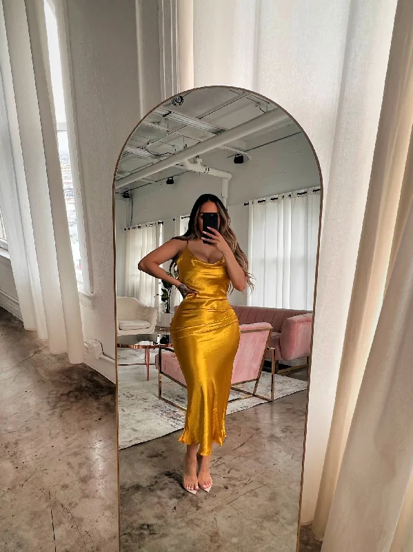 "Dreya" Satin Long Dress - Marigold Tunics Chic elegant