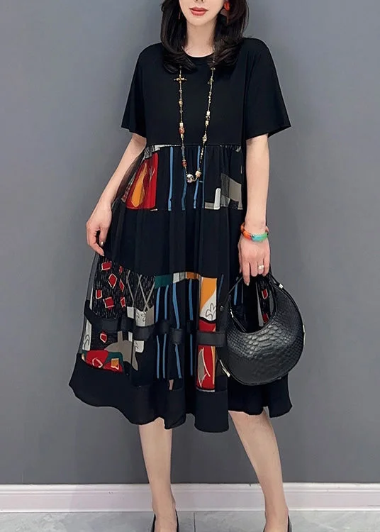 Elegant Black O-Neck Print Patchwork Tulle Long Dress Short Sleeve Tunics Versatile all-occasion Elegant Black O-Neck Print Patchwork Tulle Long Dress Short Sleeve Tunics Versatile all-occasion