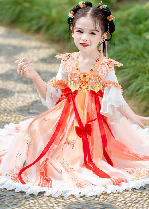 Elegant Orange Embroideried Ruffled Bow Kids Long Dress Summer Tunics Essential wardrobe Elegant Orange Embroideried Ruffled Bow Kids Long Dress Summer Tunics Essential wardrobe