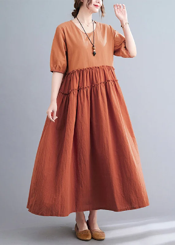 Elegant Orange Ruffled Patchwork Exra Large Hem Cotton Long Dress Summer Tunics Sophisticated sleek Elegant Orange Ruffled Patchwork Exra Large Hem Cotton Long Dress Summer Tunics Sophisticated sleek
