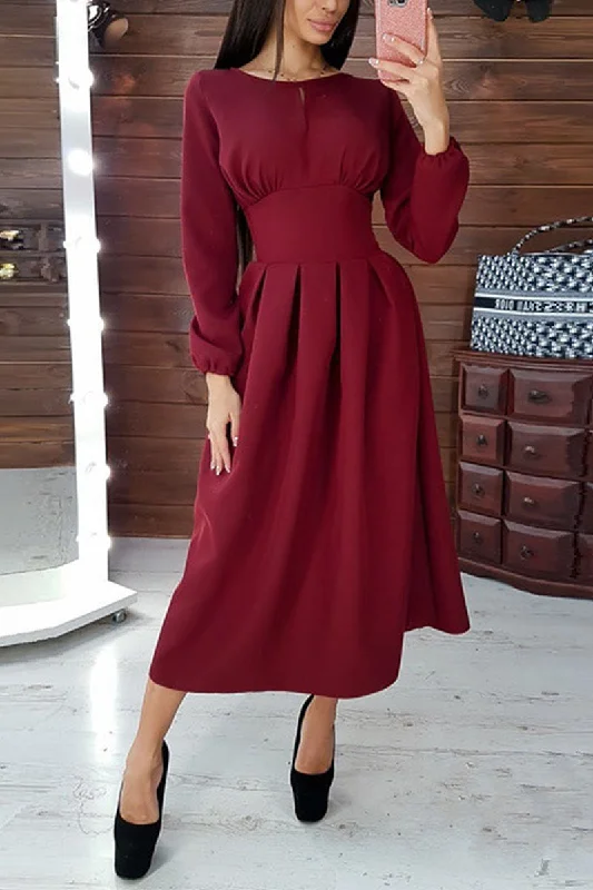 Elegant Solid Patchwork O Neck Waist Skirt Dresses(4 colors) Tunics Modern contemporary